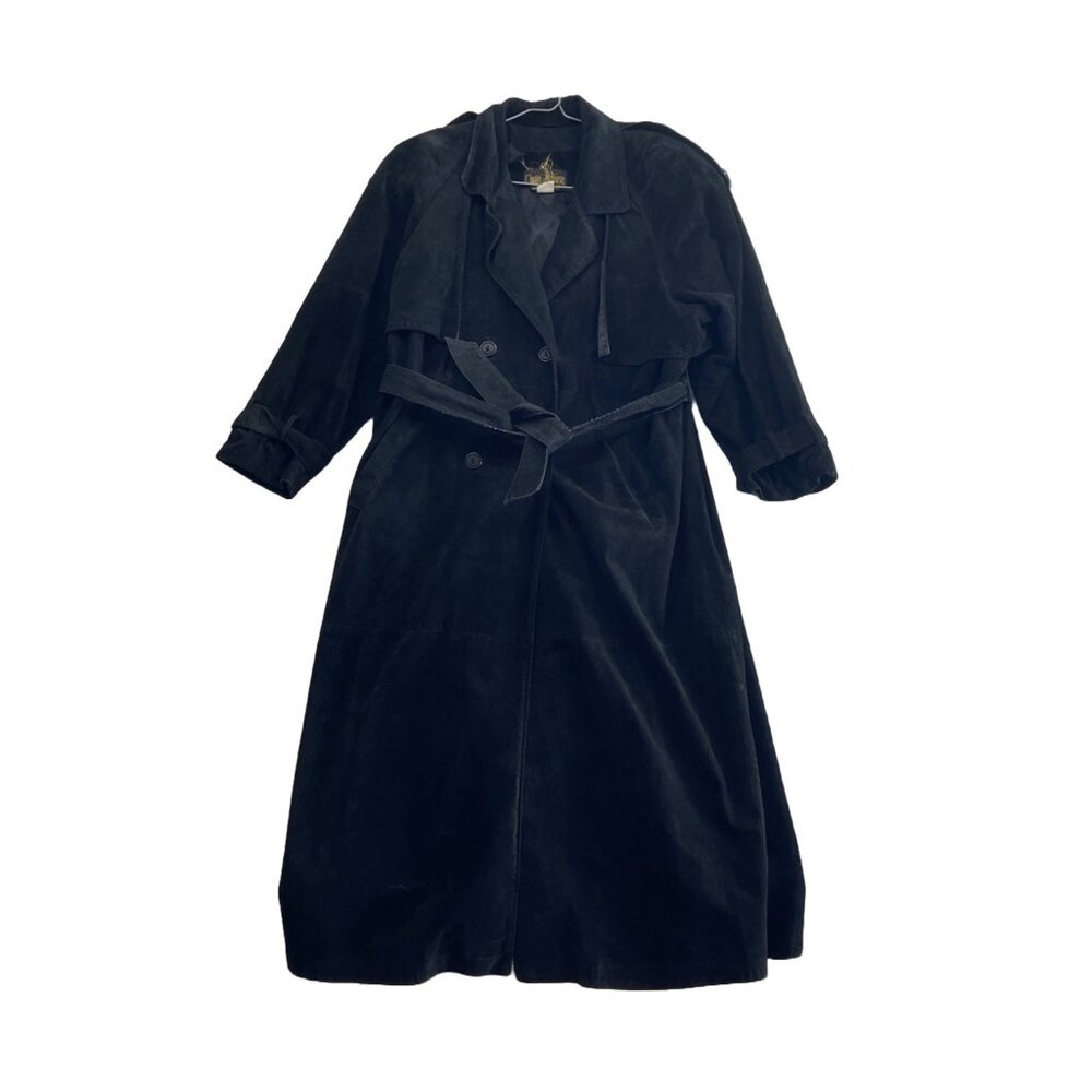 VTG 90s Danie Marcus Suede Trench Coat Leather Belted Longline Jacket Wom 10